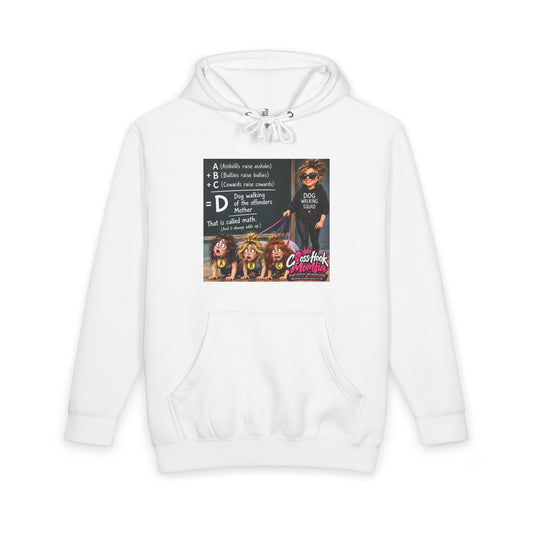 White hoodie with Cross-Hook Momfia anti-bully cartoon and text graphic