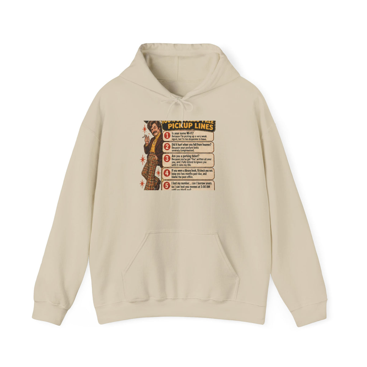 Beige hoodie with retro pickup lines graphic on front