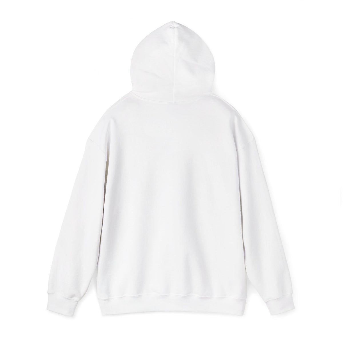 Back view of plain white hoodie with hood up