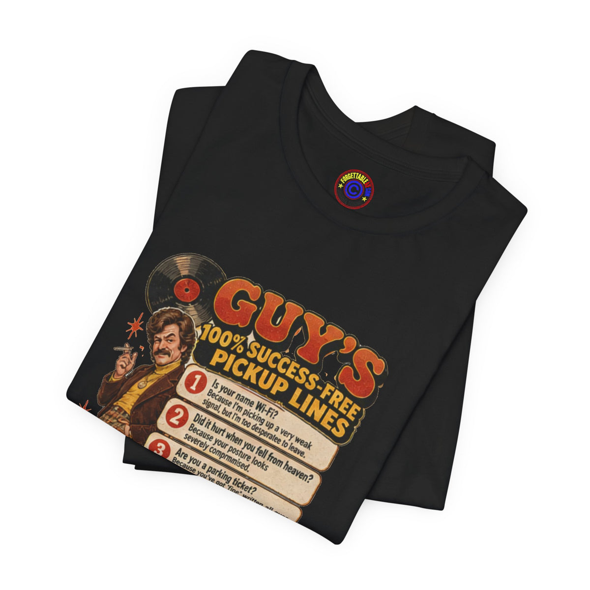 Folded black t-shirt with retro pickup lines and vinyl record print