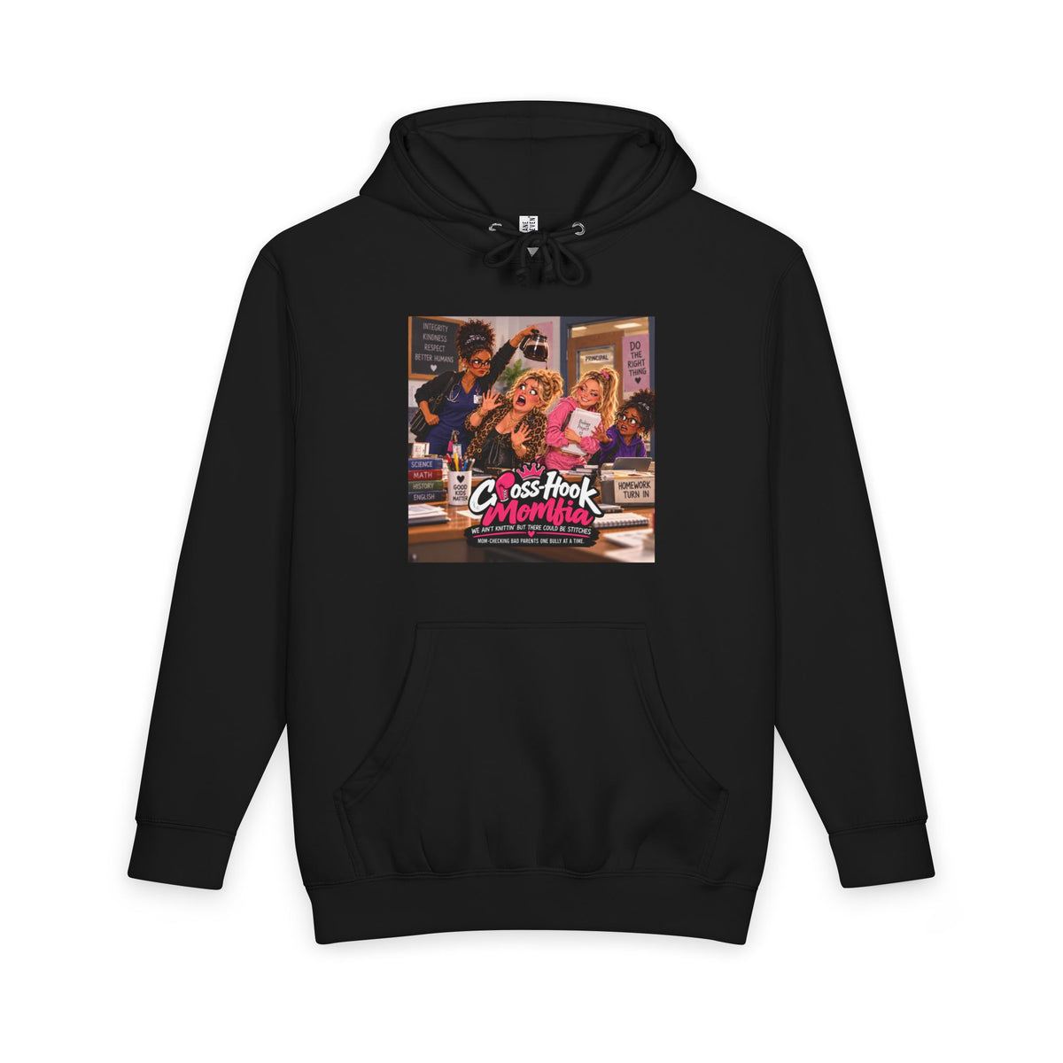 Black hoodie displaying Cross-Hook Momfia anti-bully cartoon graphic