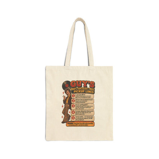 Vintage-style canvas tote bag with retro pickup lines graphic on front