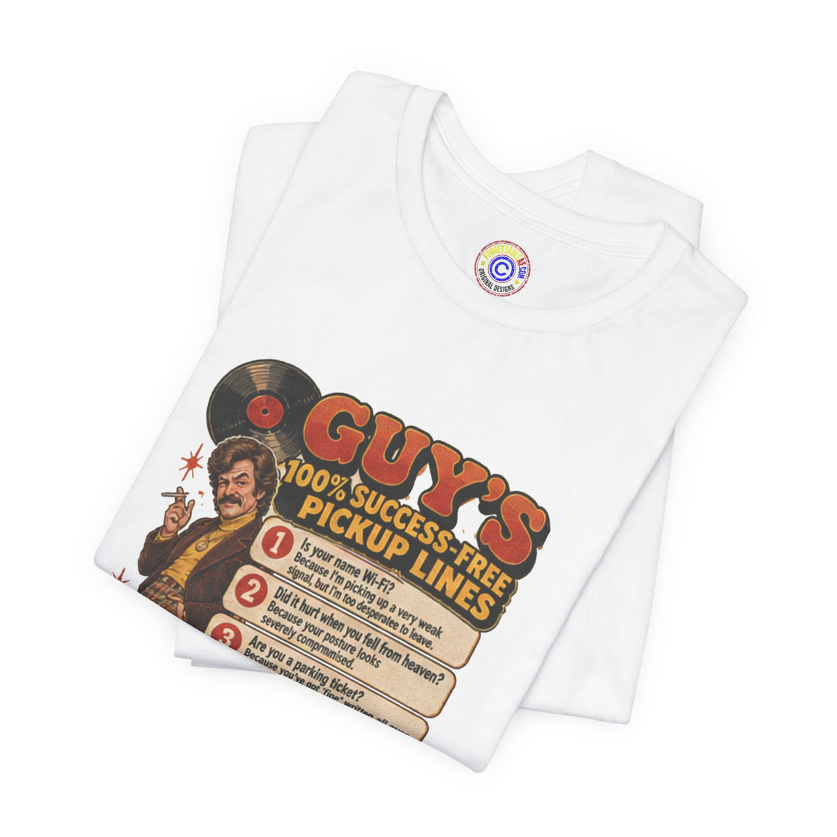 Folded white t-shirt showing pickup lines graphic and vinyl motif