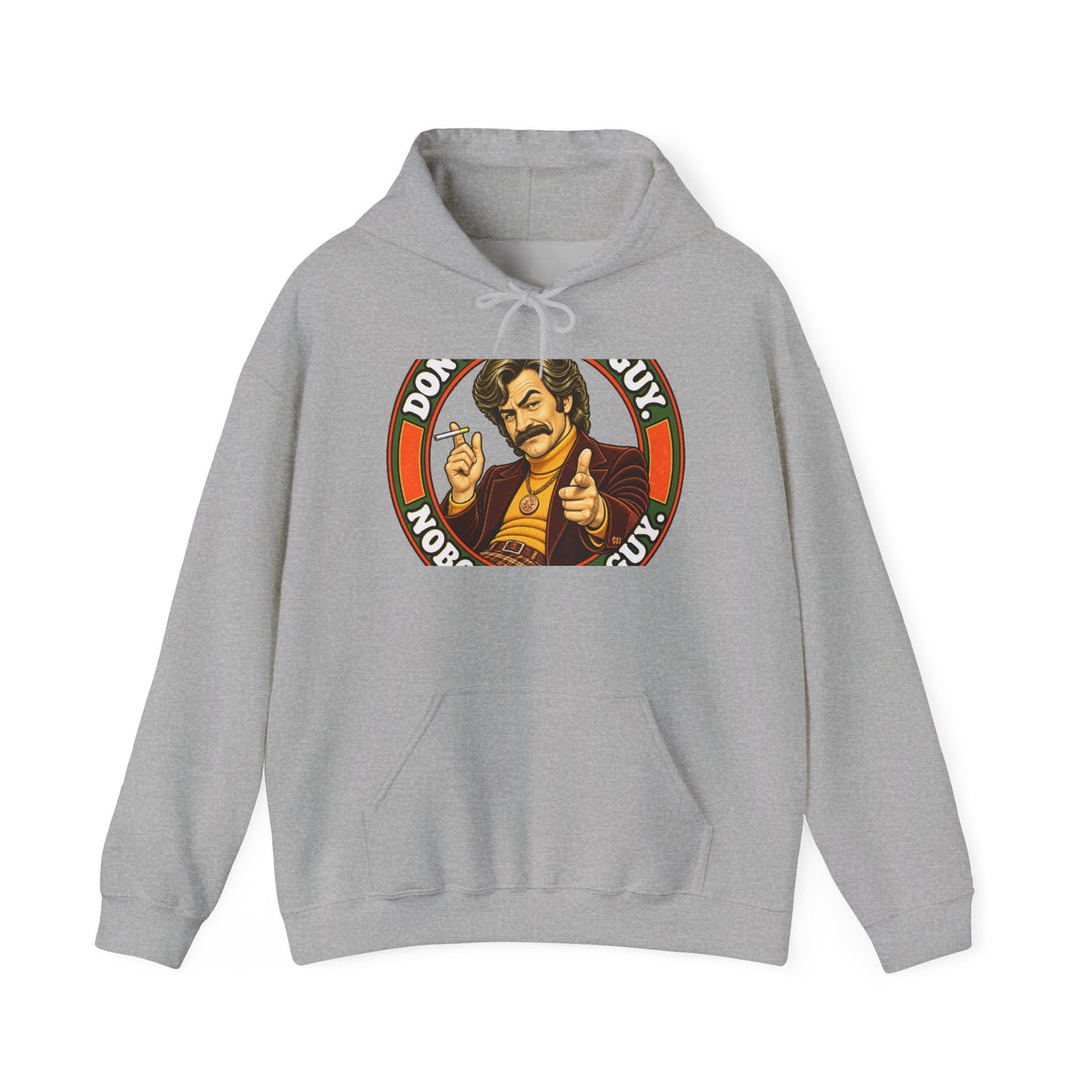 Gray hoodie with retro 'Don't Worry, Buy' confident guy graphic