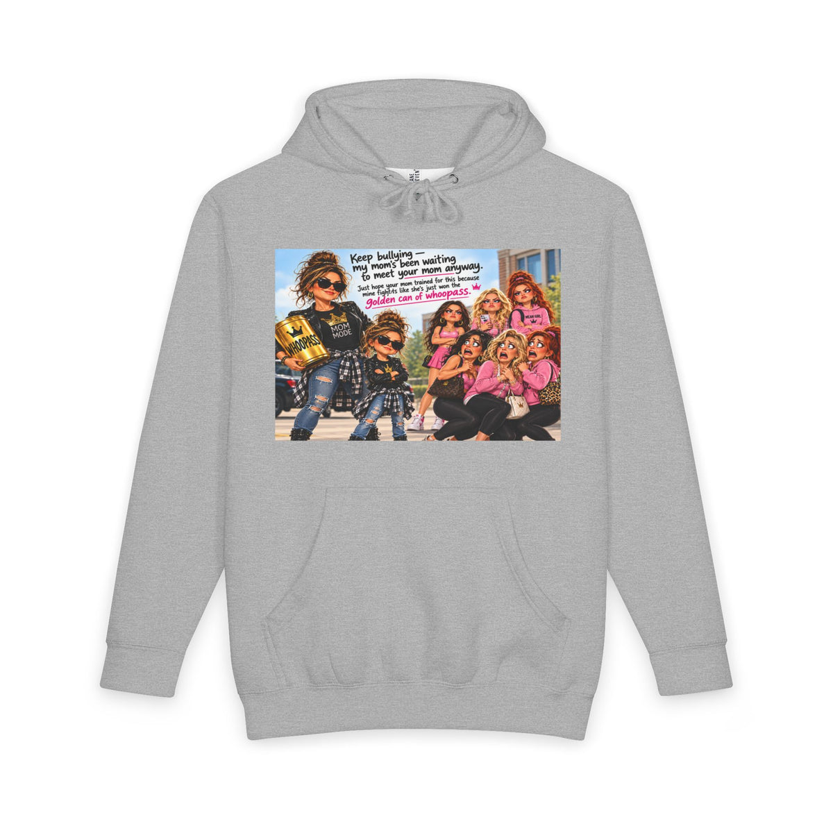 Gray hoodie featuring same graphic design with bold anti-bullying message