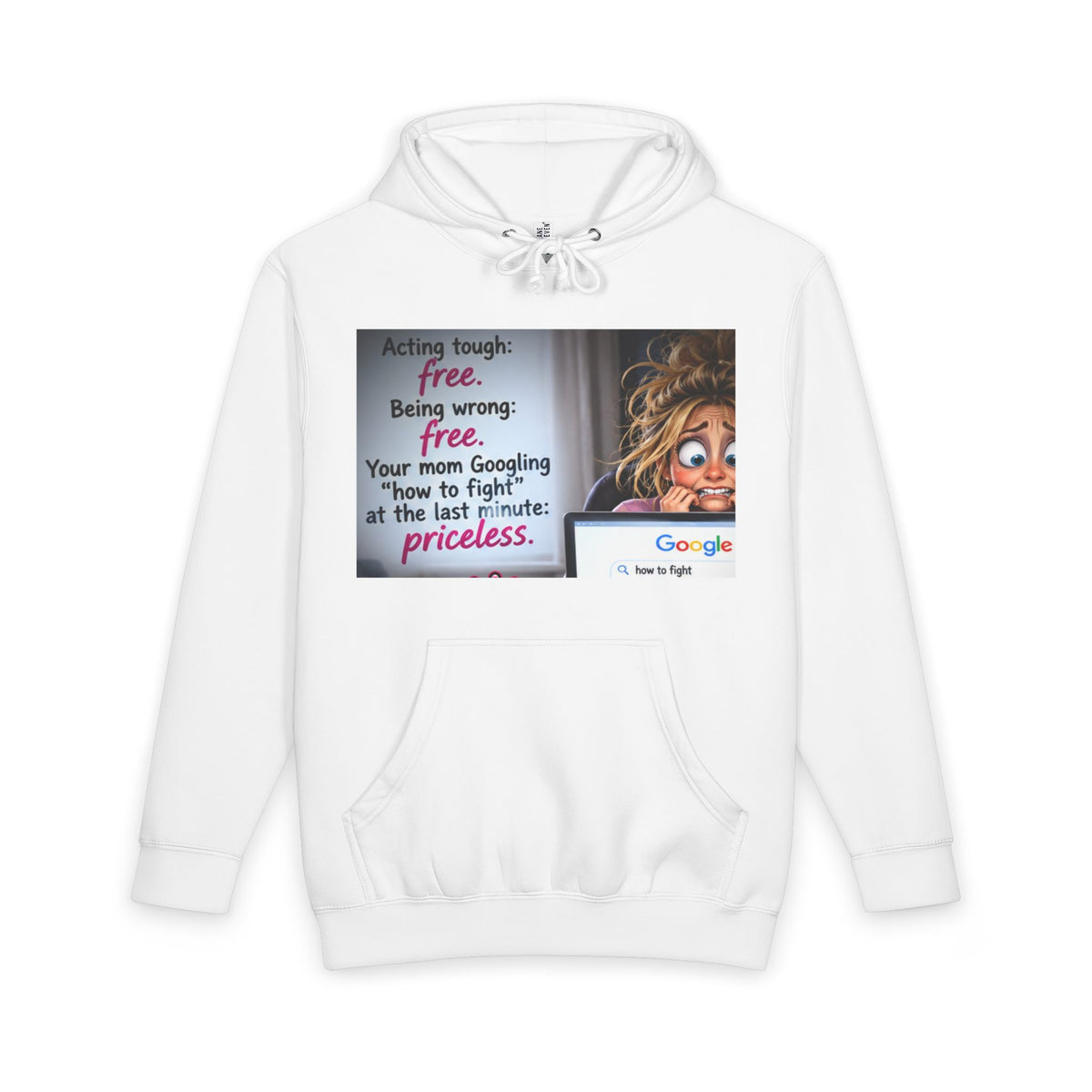 White hoodie with illustrated mom Googling 'how to fight' and humorous text on front