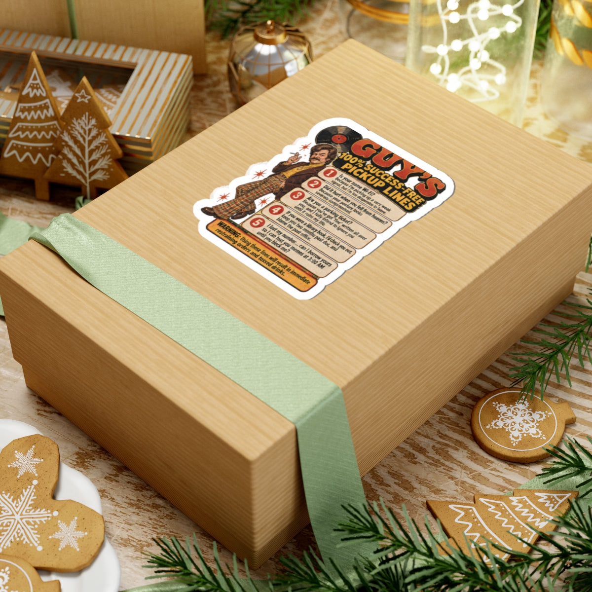 Nostalgic sticker stuck to a gift box among festive decorations