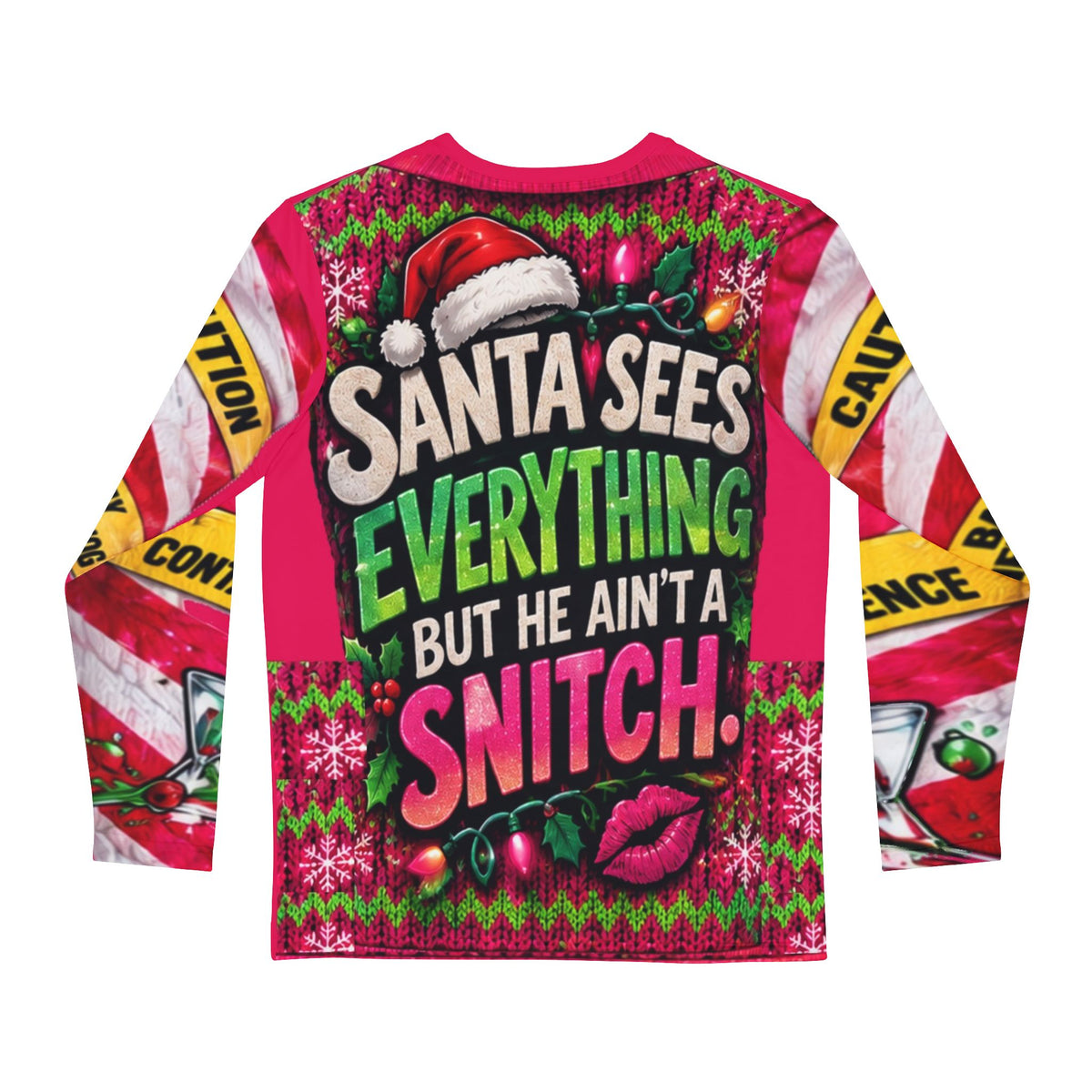 Back view of Christmas tee with vibrant 'Santa Sees Everything But He Ain't a Snitch' text and festive details