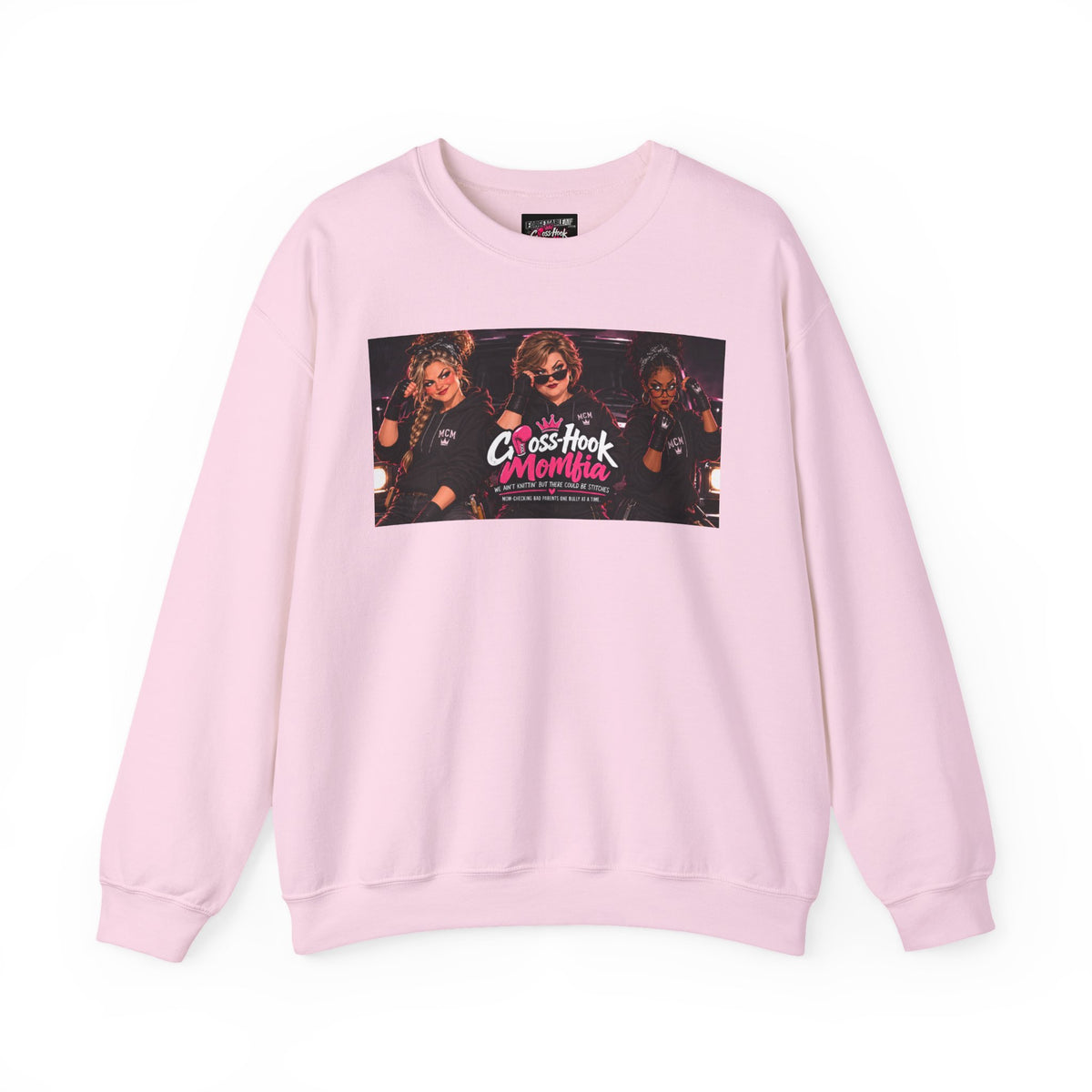 Pink crewneck sweatshirt with Cross-Hook Momfia retro graphic on front