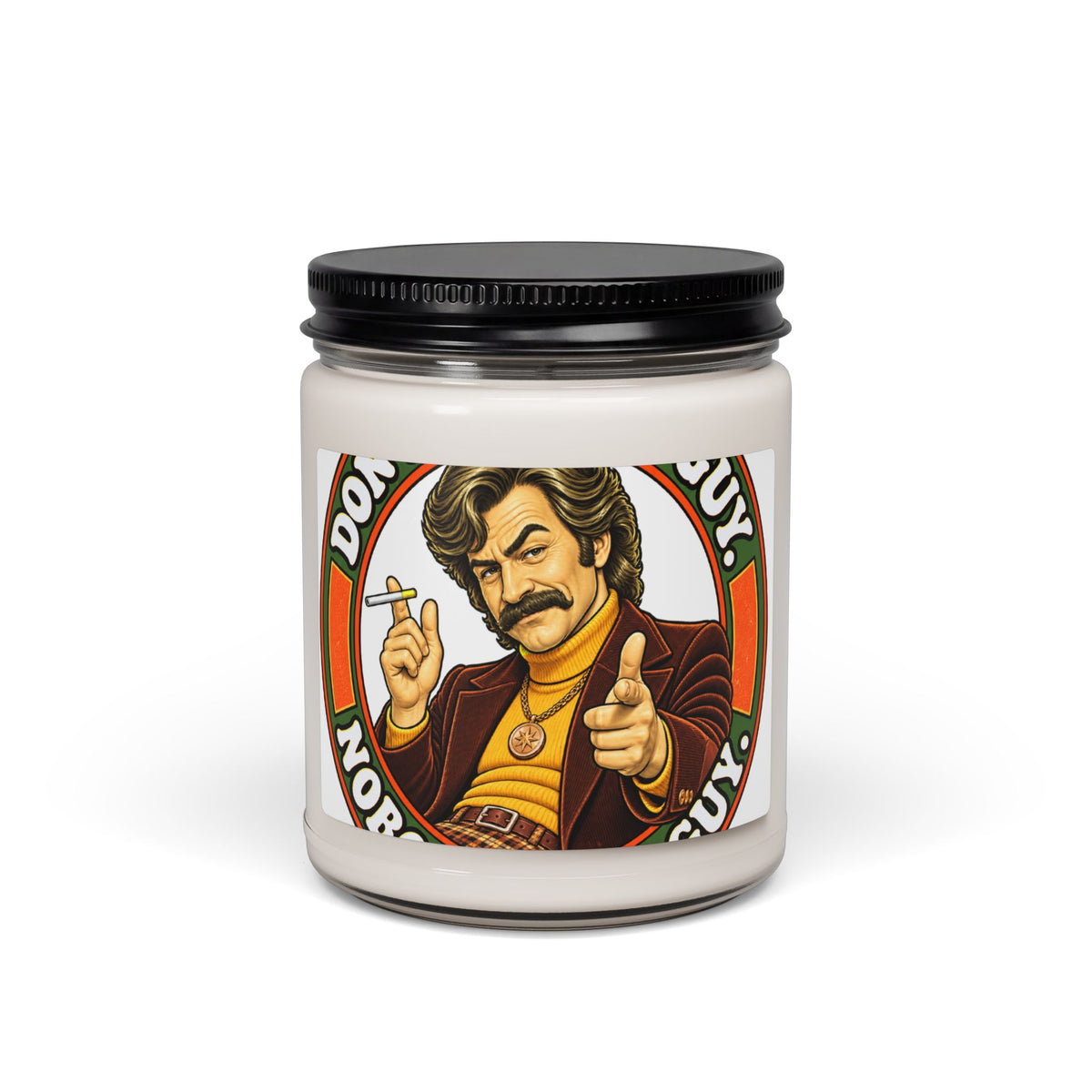 Soy candle 9oz, retro man label with finger guns and mustache, closed black lid