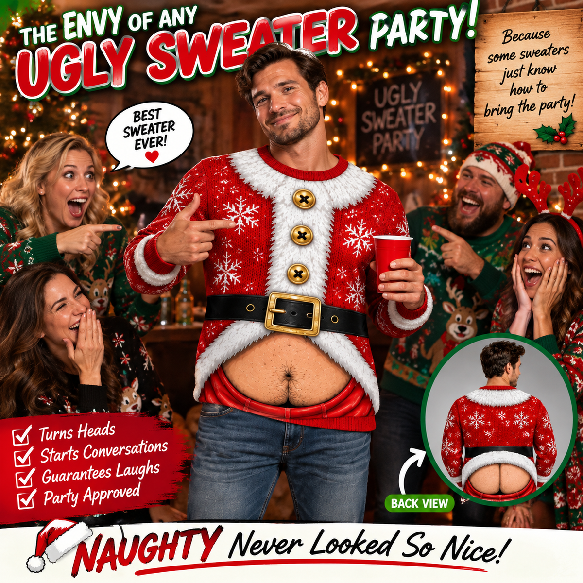 Funny Santa Belly & Butt Long Sleeve Shirt — Gag Christmas Holiday Tee