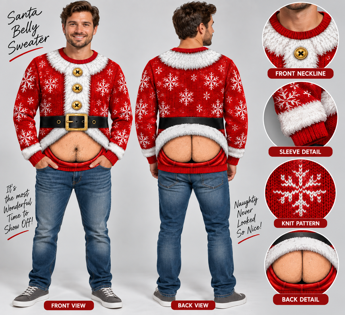 Funny Santa Belly & Butt Long Sleeve Shirt — Gag Christmas Holiday Tee