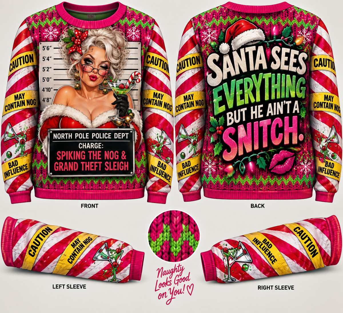 Flat lay of Christmas tee showcasing Mrs. Claus mugshot on front, text on back, and detailed sleeve design with caution tape and cocktails