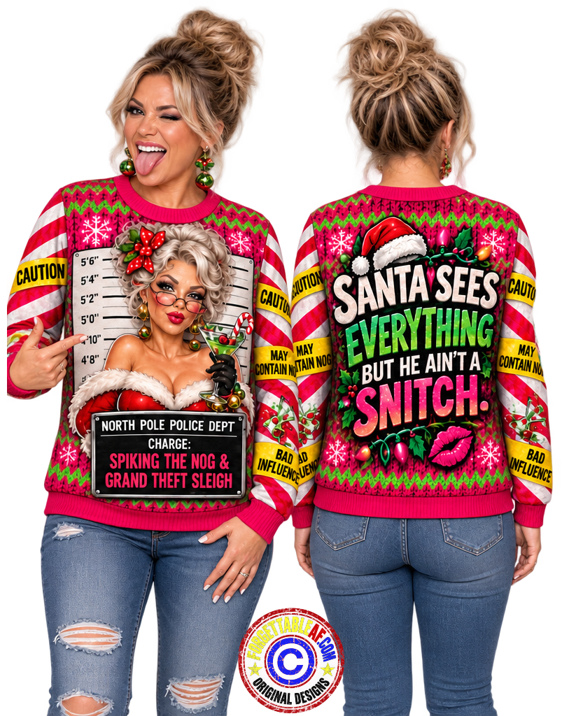 Woman wearing bold Christmas tee with Mrs. Claus mugshot and 'Santa Sees Everything' graphic, front and back views