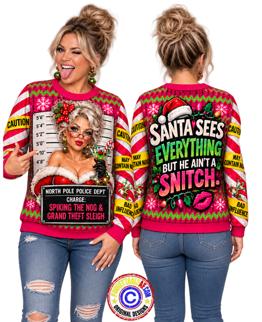 Woman wearing bold Christmas tee with Mrs. Claus mugshot and 'Santa Sees Everything' graphic, front and back views
