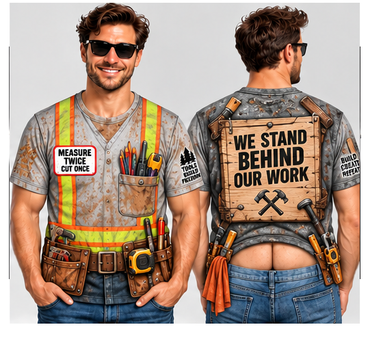 Construction Worker Costume T-Shirt — “Measure Twice Cut Once” Novelty Workwear Tee