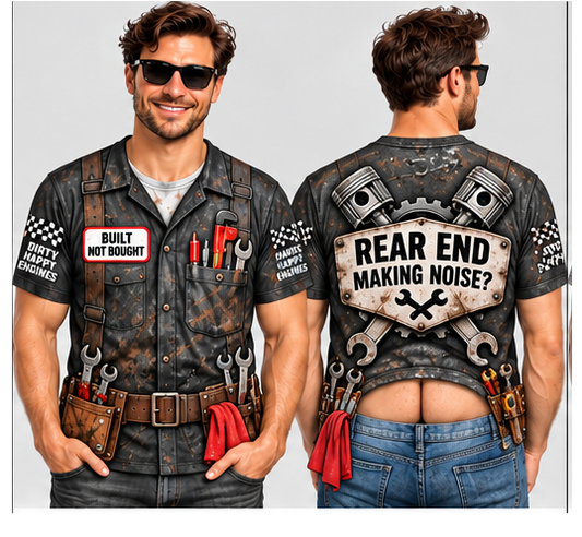 Mechanic Tool Vest T‑Shirt — "Built Not Bought" & "Rear End Making Noise?" Graphic Tee