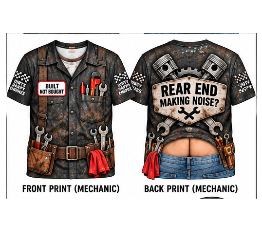 Mechanic Tool Vest T‑Shirt — "Built Not Bought" & "Rear End Making Noise?" Graphic Tee