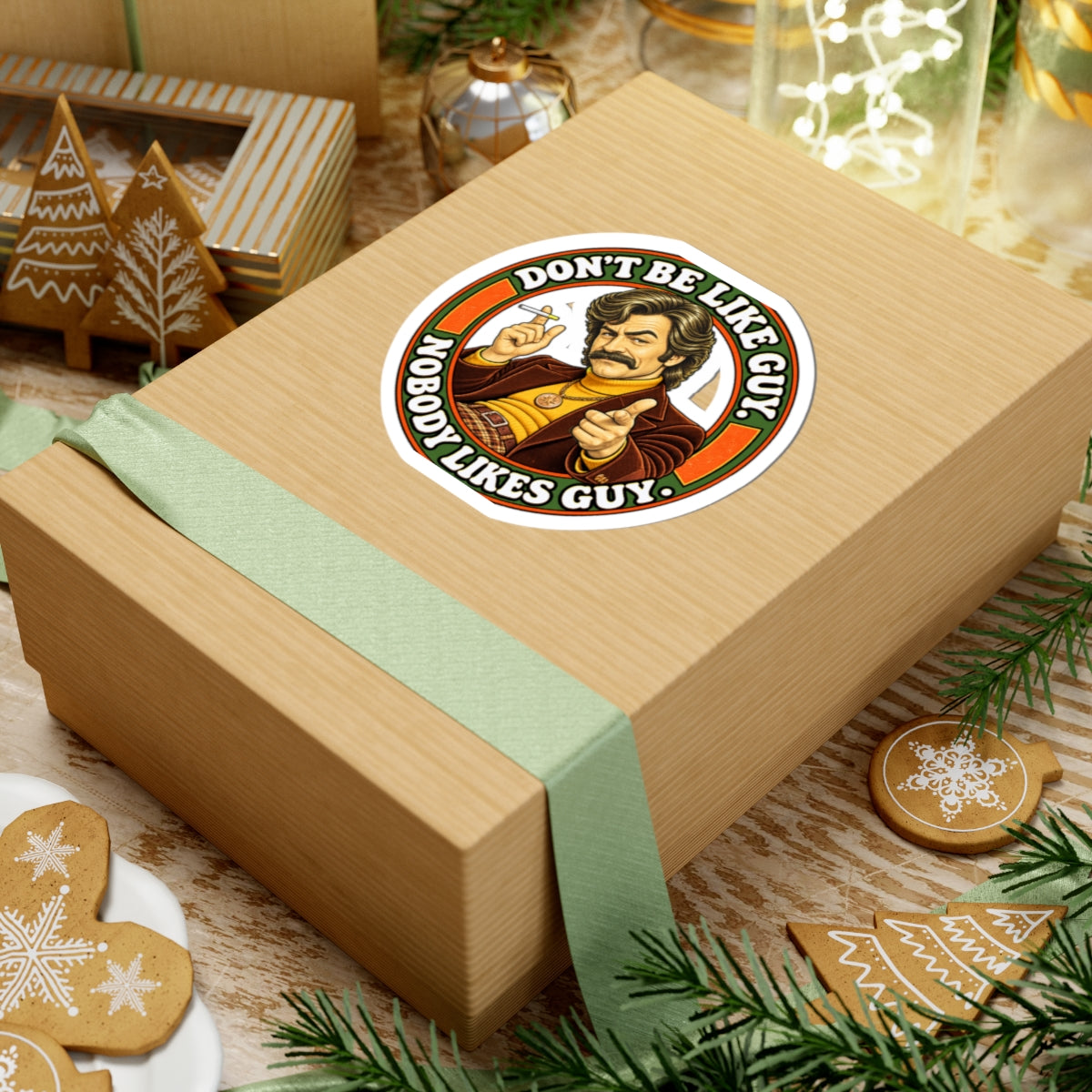 Large sticker on gift box with holiday decor and cookies