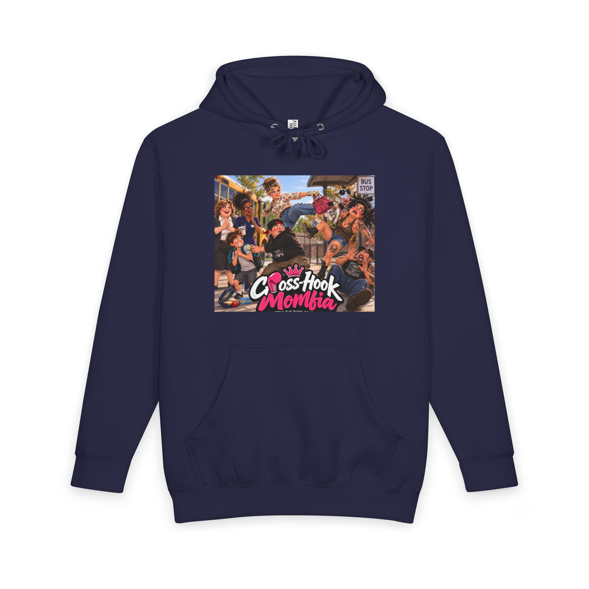 Navy hoodie with Cross-Hook Momfia cartoon anti-bullying graphic front