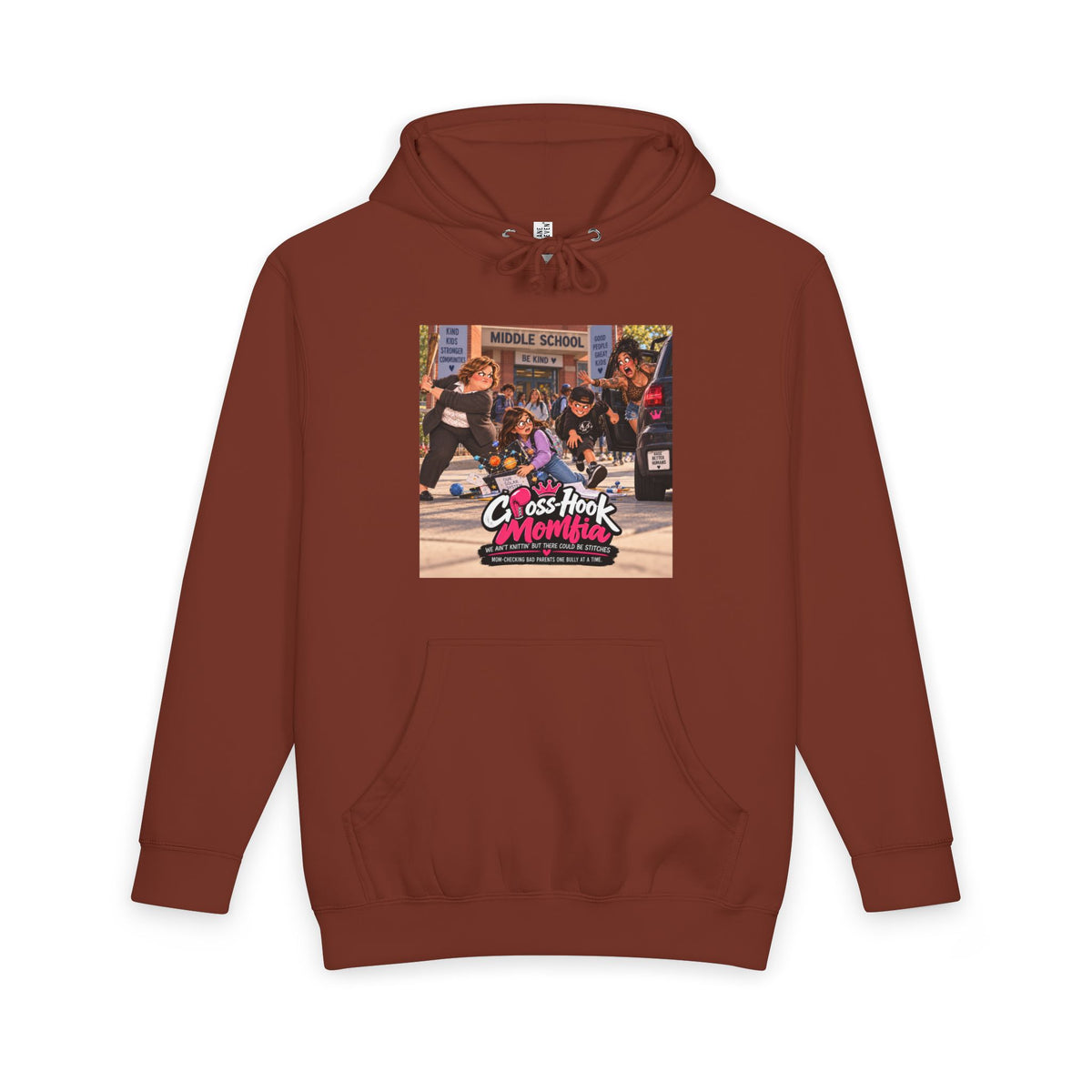 Brick red hoodie with Cross-Hook Momfia Science Project graphic