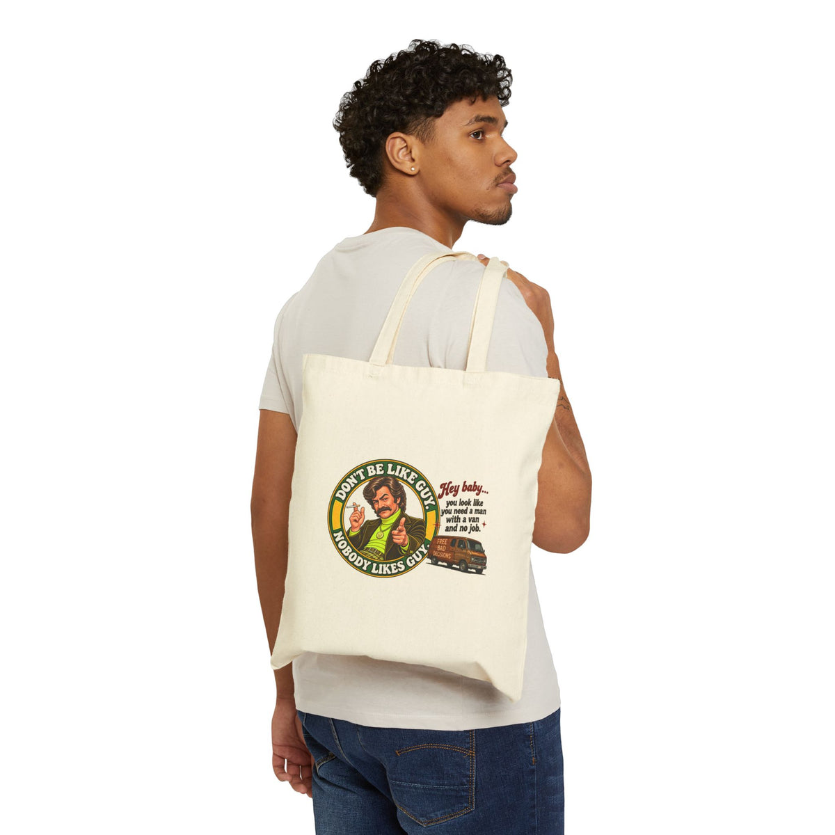 Person carrying natural tote bag with funny retro graphic