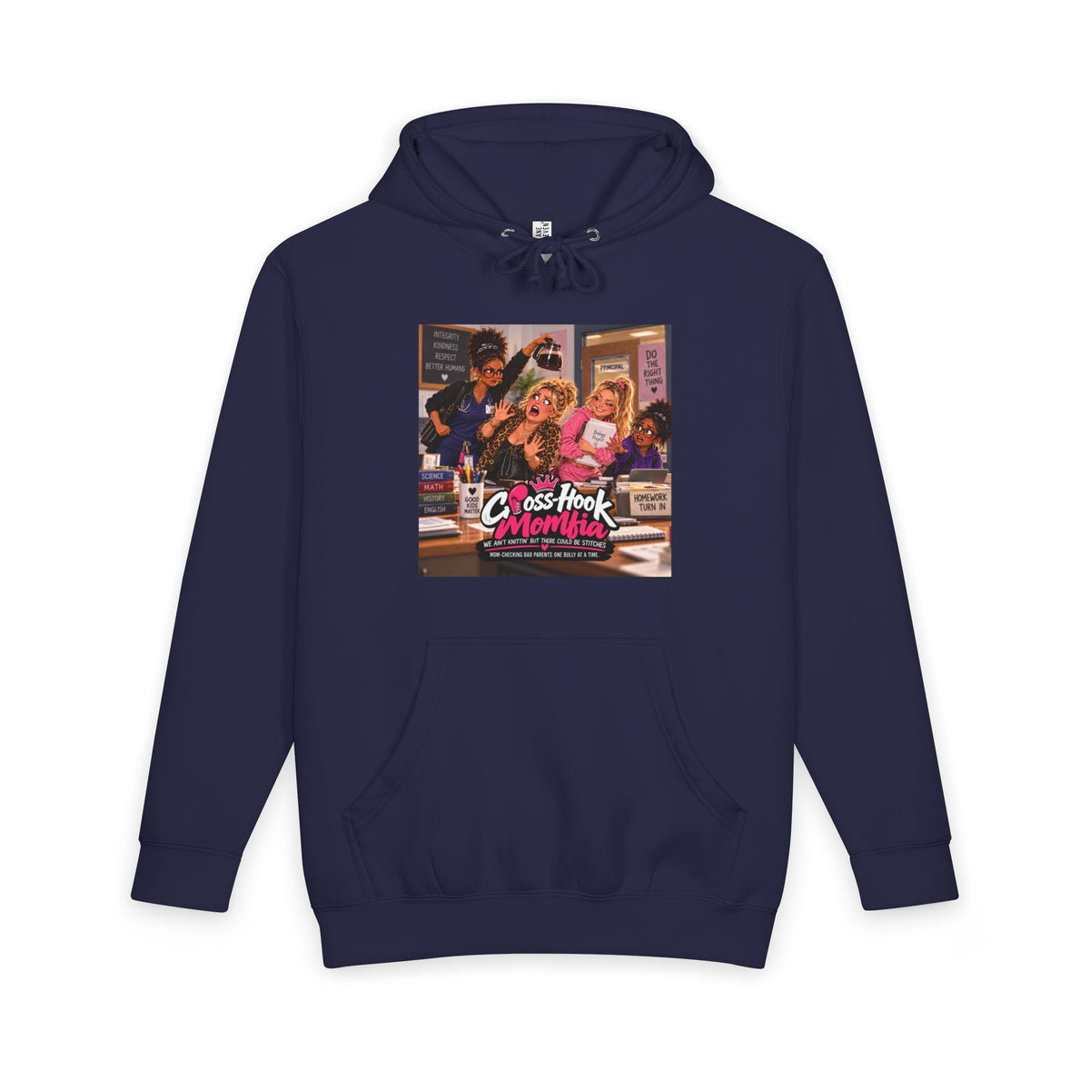 Navy hoodie showcasing the Cross-Hook Momfia graphic