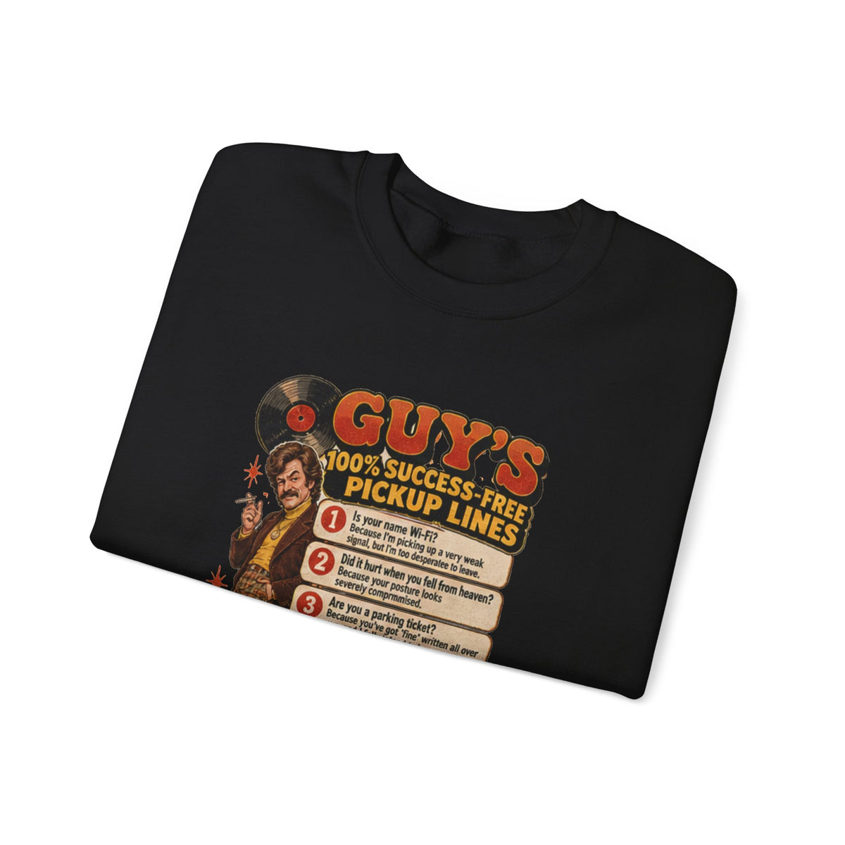 Black crewneck sweatshirt with pickup lines graphic folded neatly
