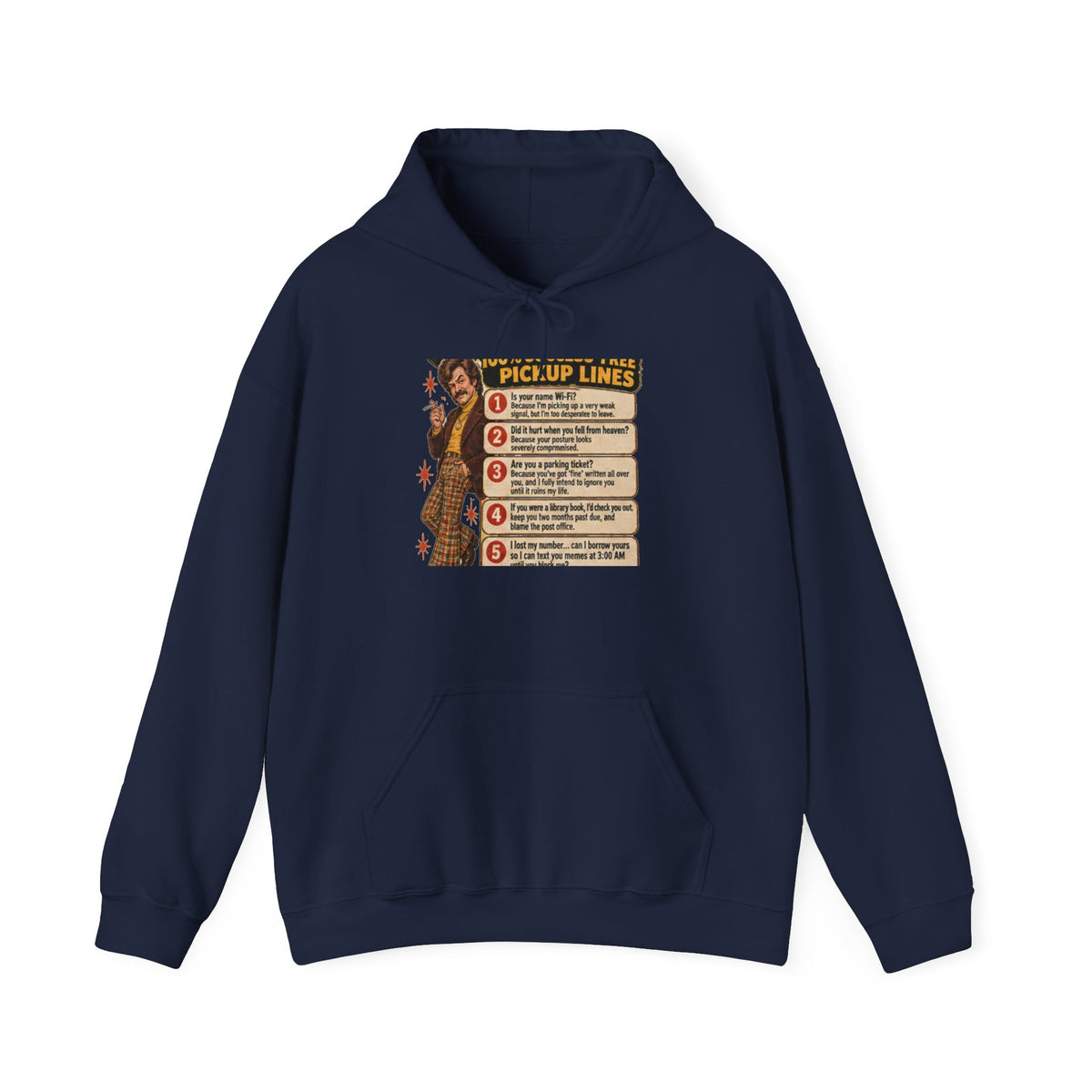 Navy blue hoodie with retro pickup lines graphic on front