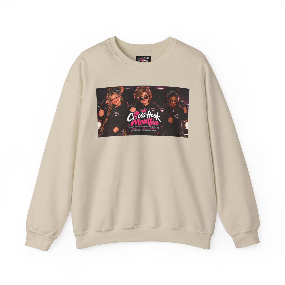 Beige crewneck sweatshirt with Cross-Hook Momfia retro graphic on front