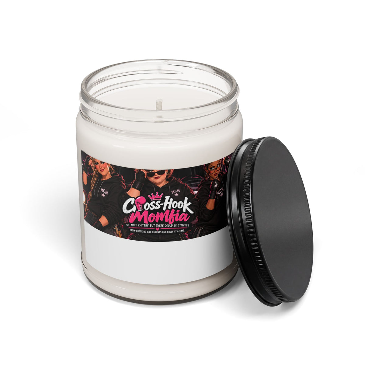 Open Cross-Hook Momfia soy candle jar, black screw lid beside
