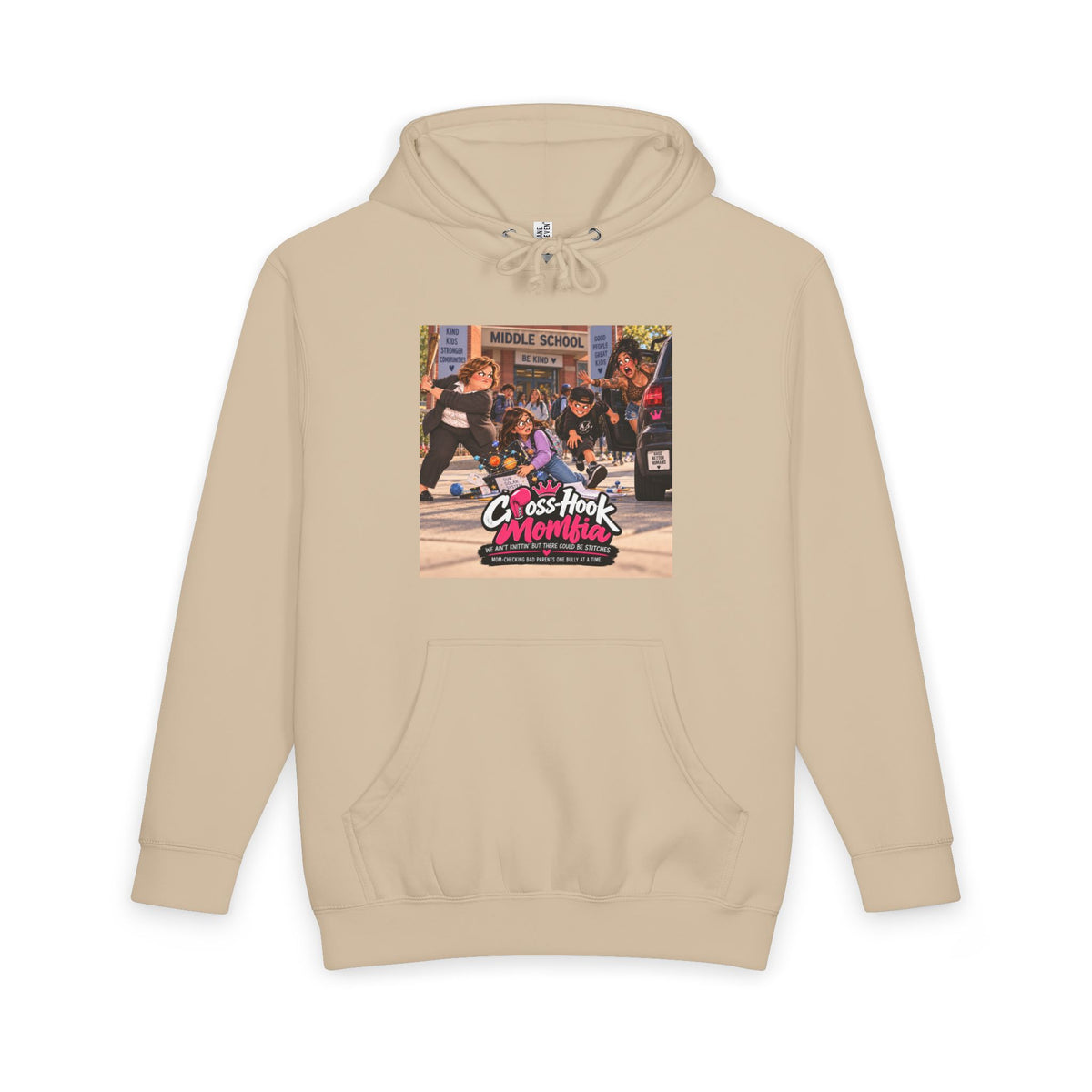 Sand beige hoodie with Cross-Hook Momfia Science Project graphic