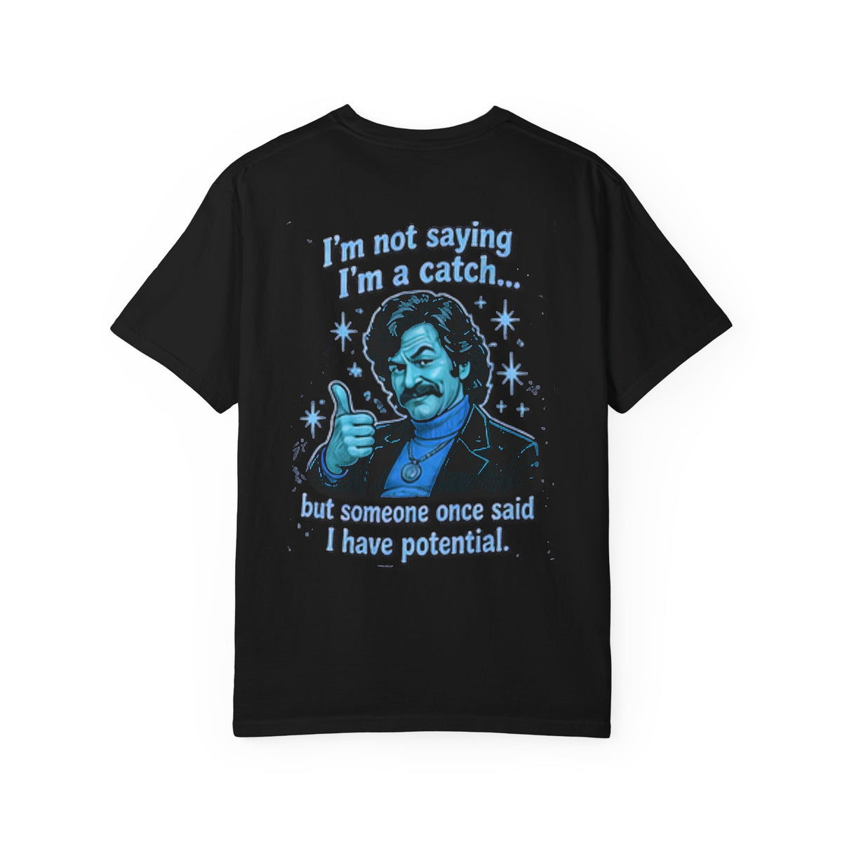 Black t-shirt showing back print of Guy cartoon with humor quote and stars