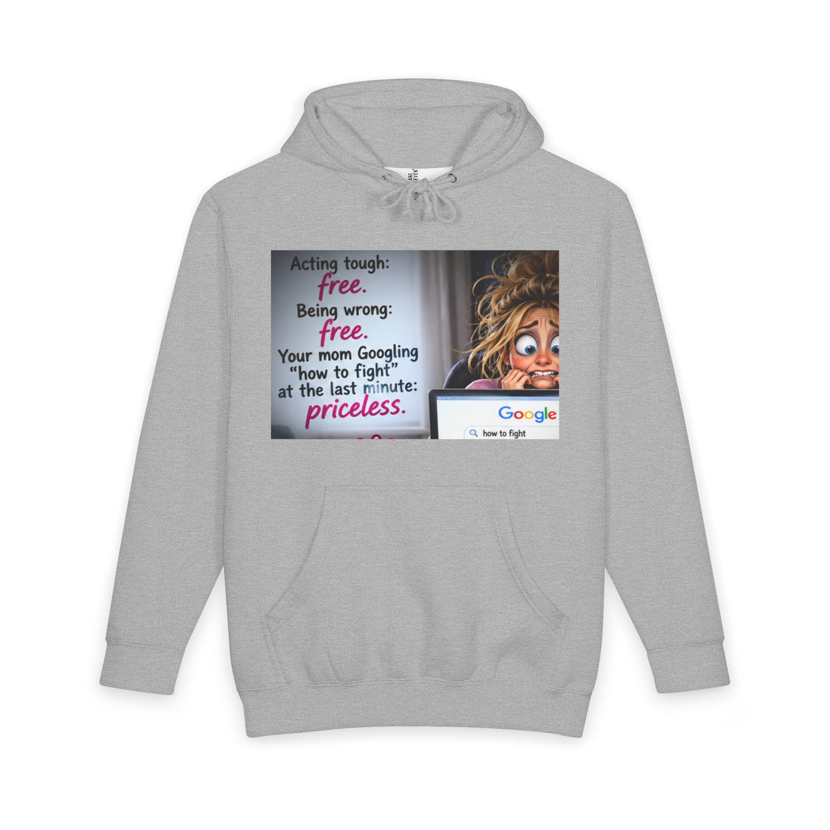 Heather gray hoodie with same illustrated mom and joke on front
