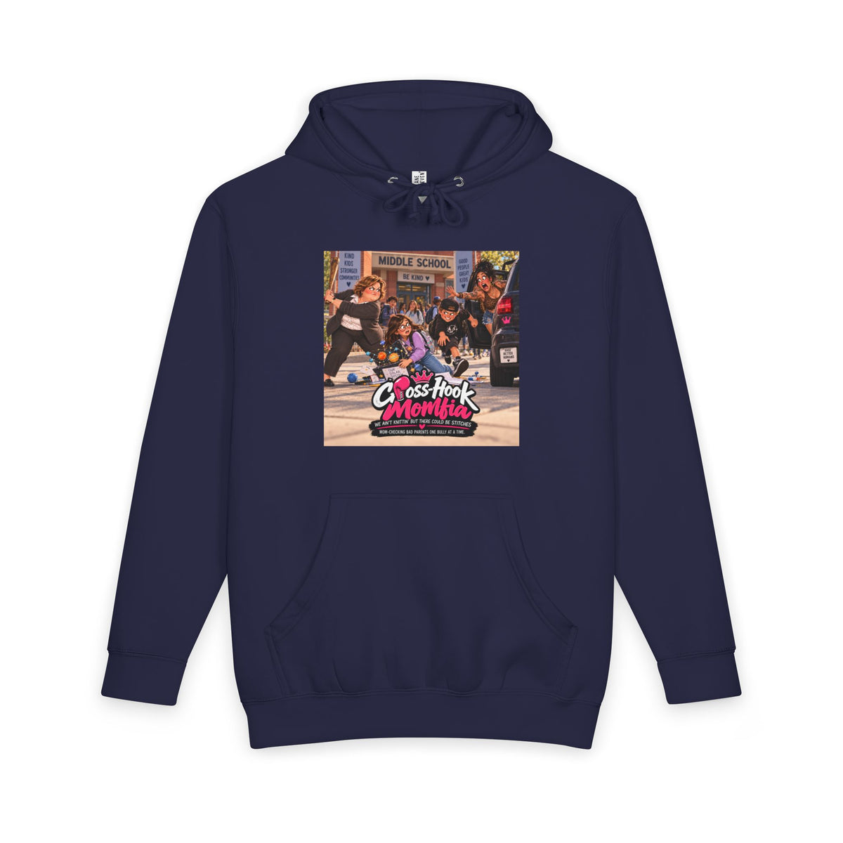 Navy blue hoodie with Cross-Hook Momfia Science Project graphic