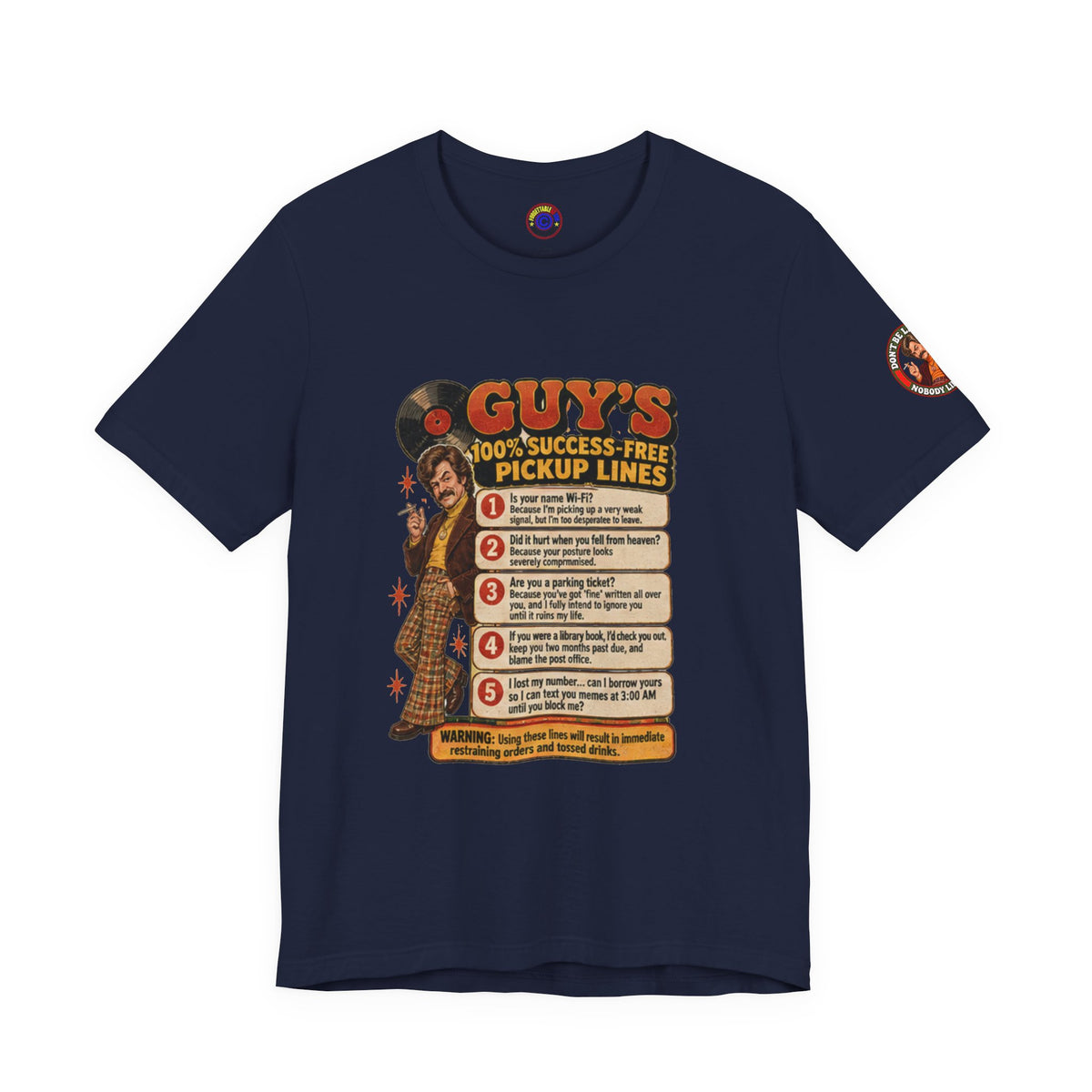 Navy blue t-shirt with 70s pickup lines illustration