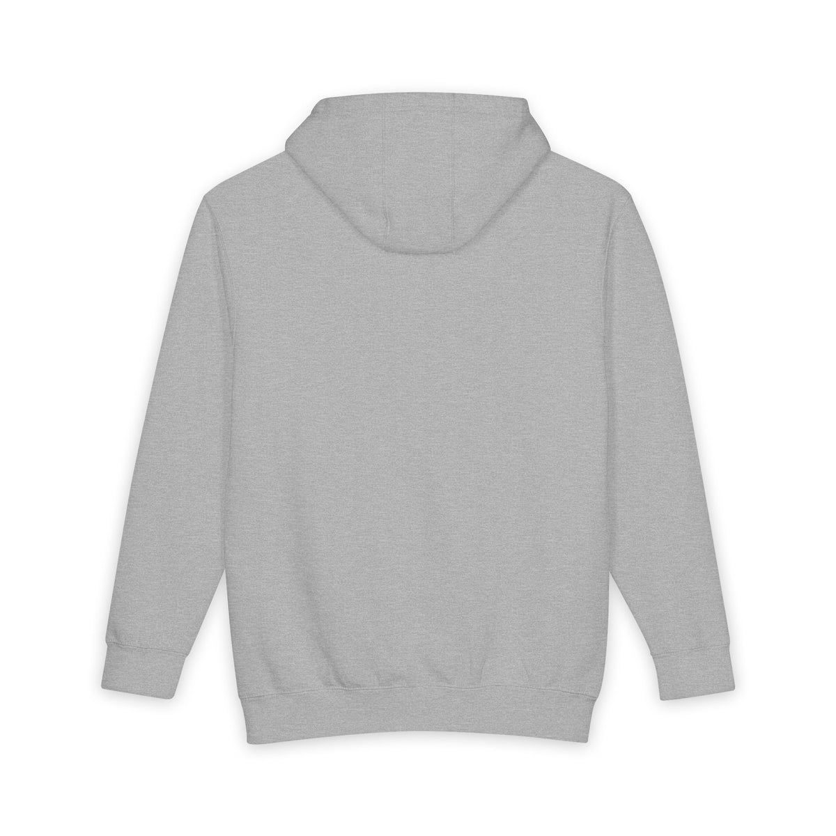 Back side of plain heather gray hoodie, no design