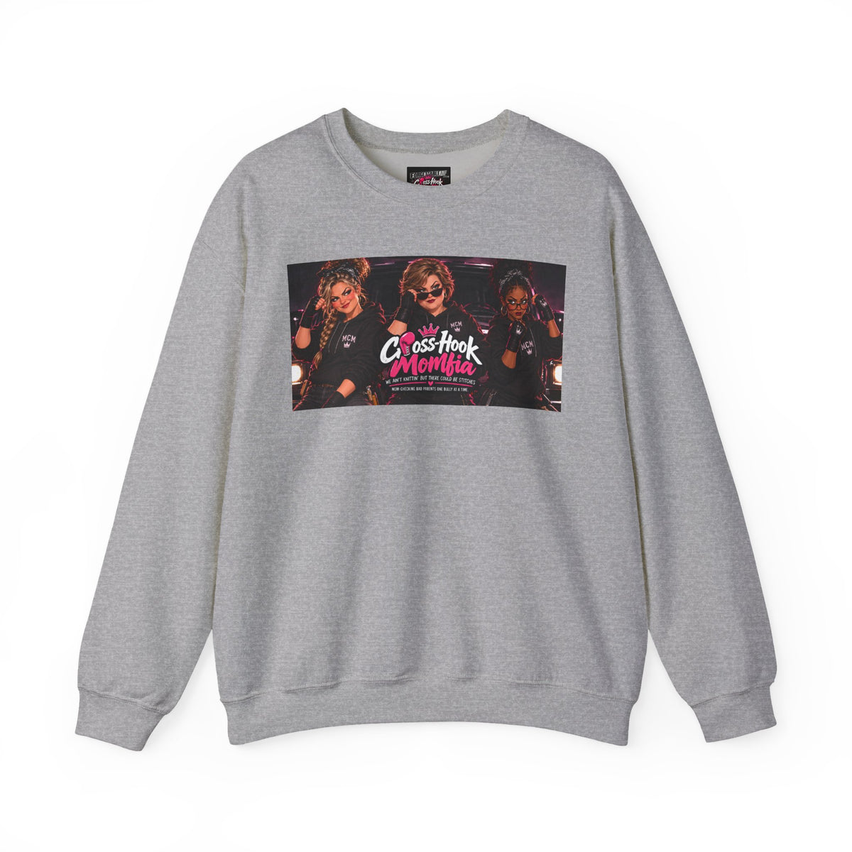 Light gray crewneck sweatshirt with Cross-Hook Momfia retro graphic on front