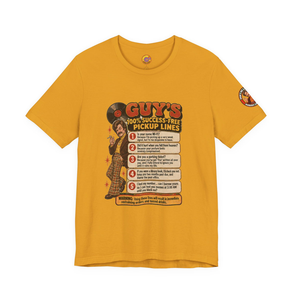 Yellow t-shirt with 'Guy's Pickup Lines' vintage print