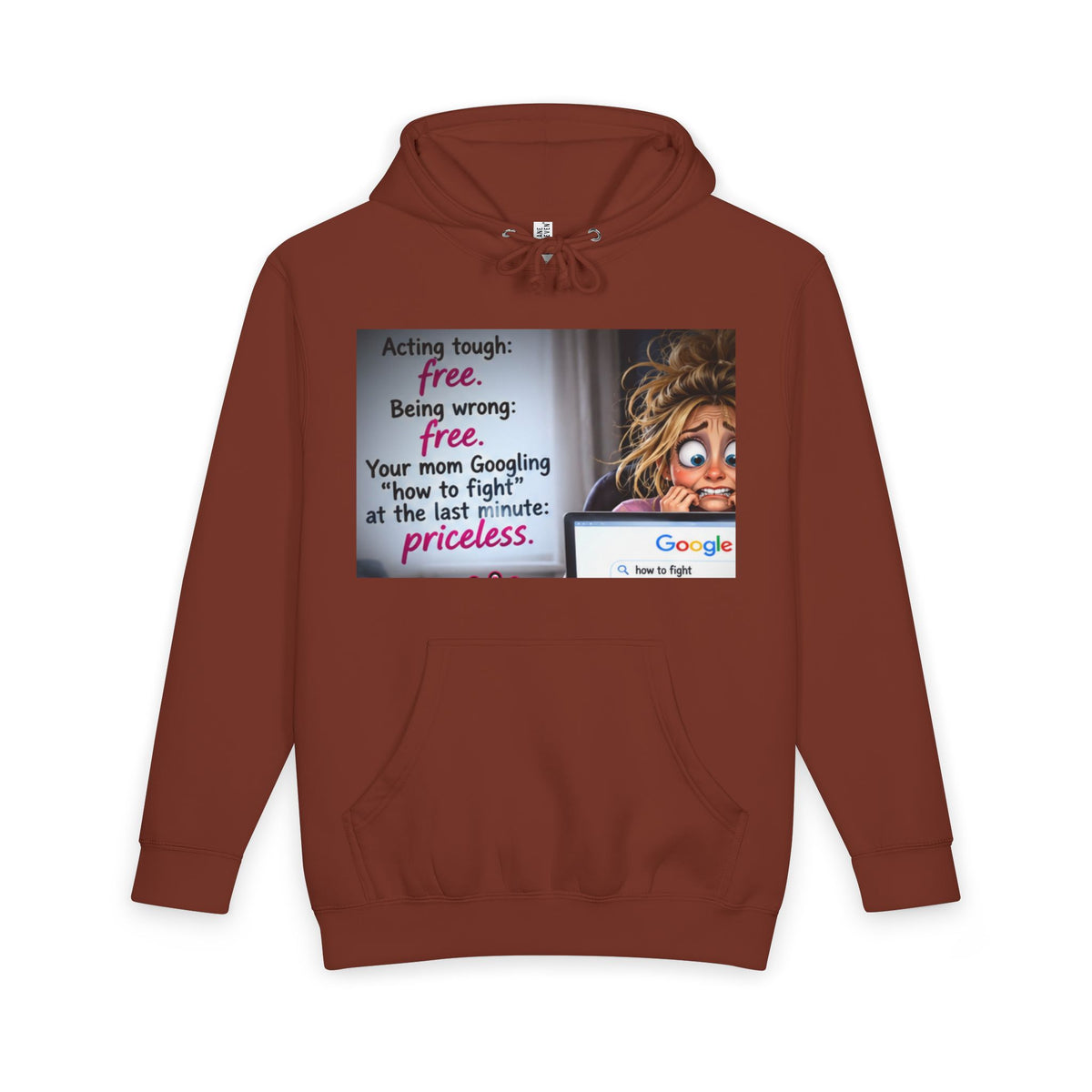 Red-brown hoodie with same funny front graphic and text