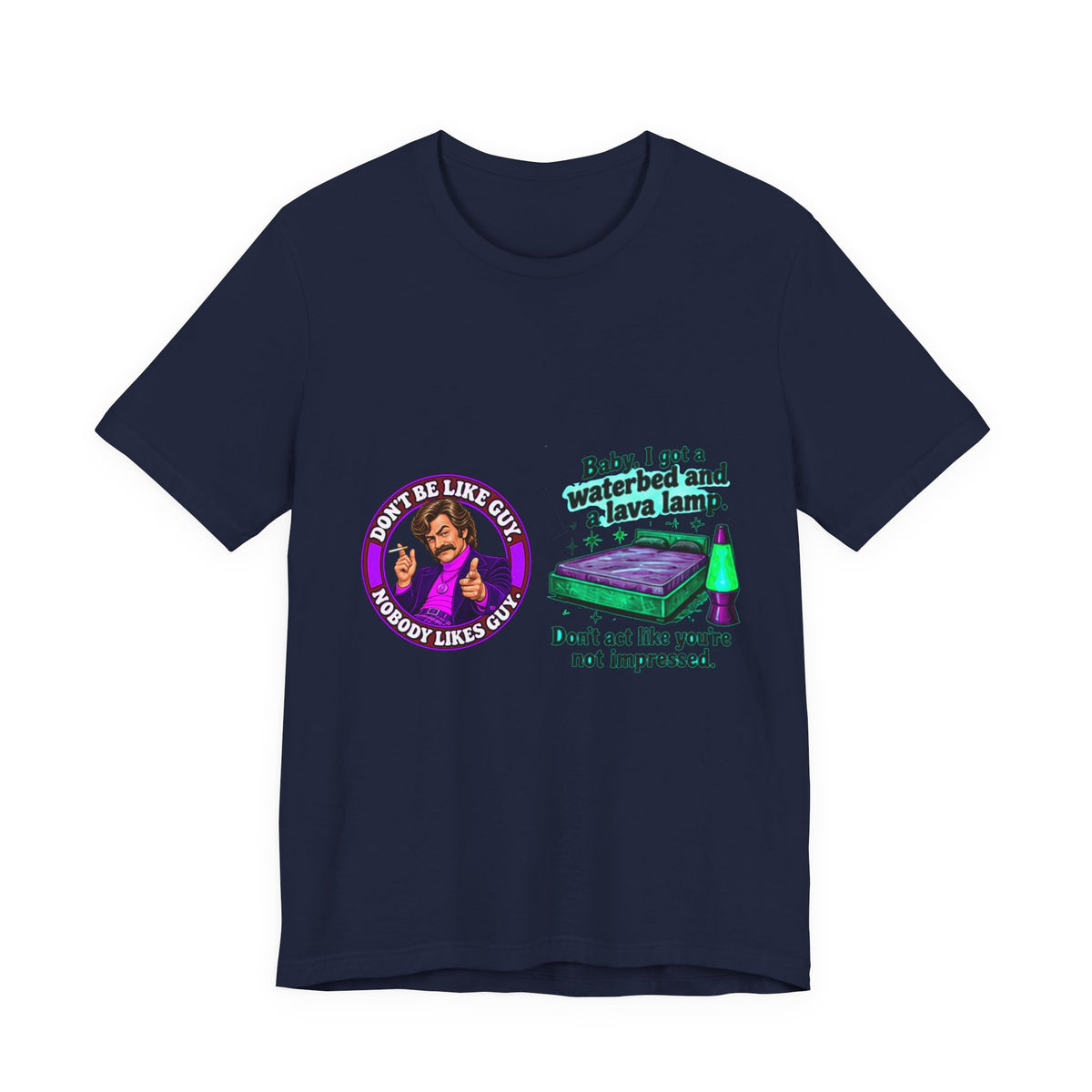 Navy t-shirt with retro 'Don't be like Guy' and waterbed lava lamp graphic
