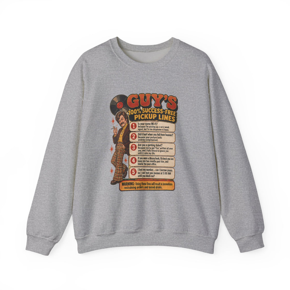 Gray crewneck sweatshirt with vintage 70s pickup lines graphic on front