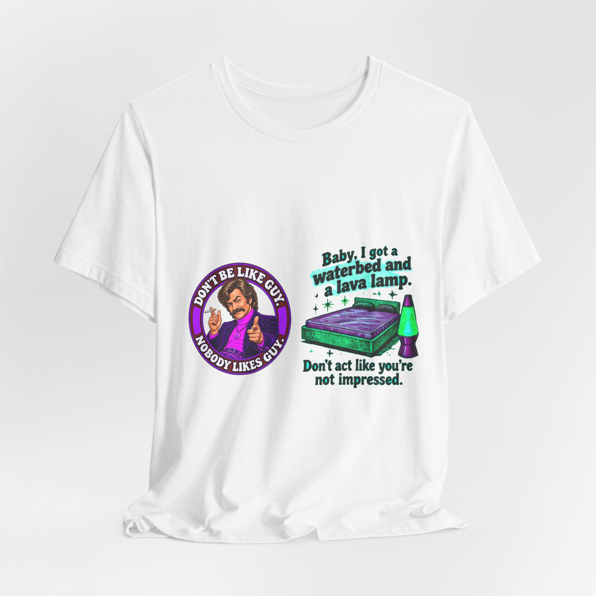 White t-shirt on hanger displaying retro graphic design