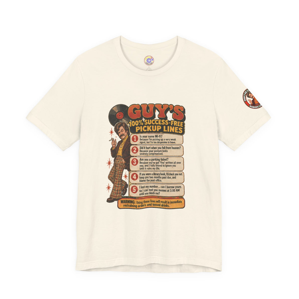 Cream t-shirt with vintage cheesy pickup lines design