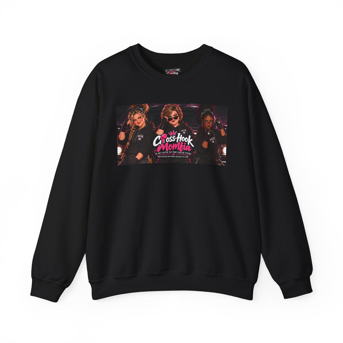 Black crewneck sweatshirt with Cross-Hook Momfia retro graphic on front