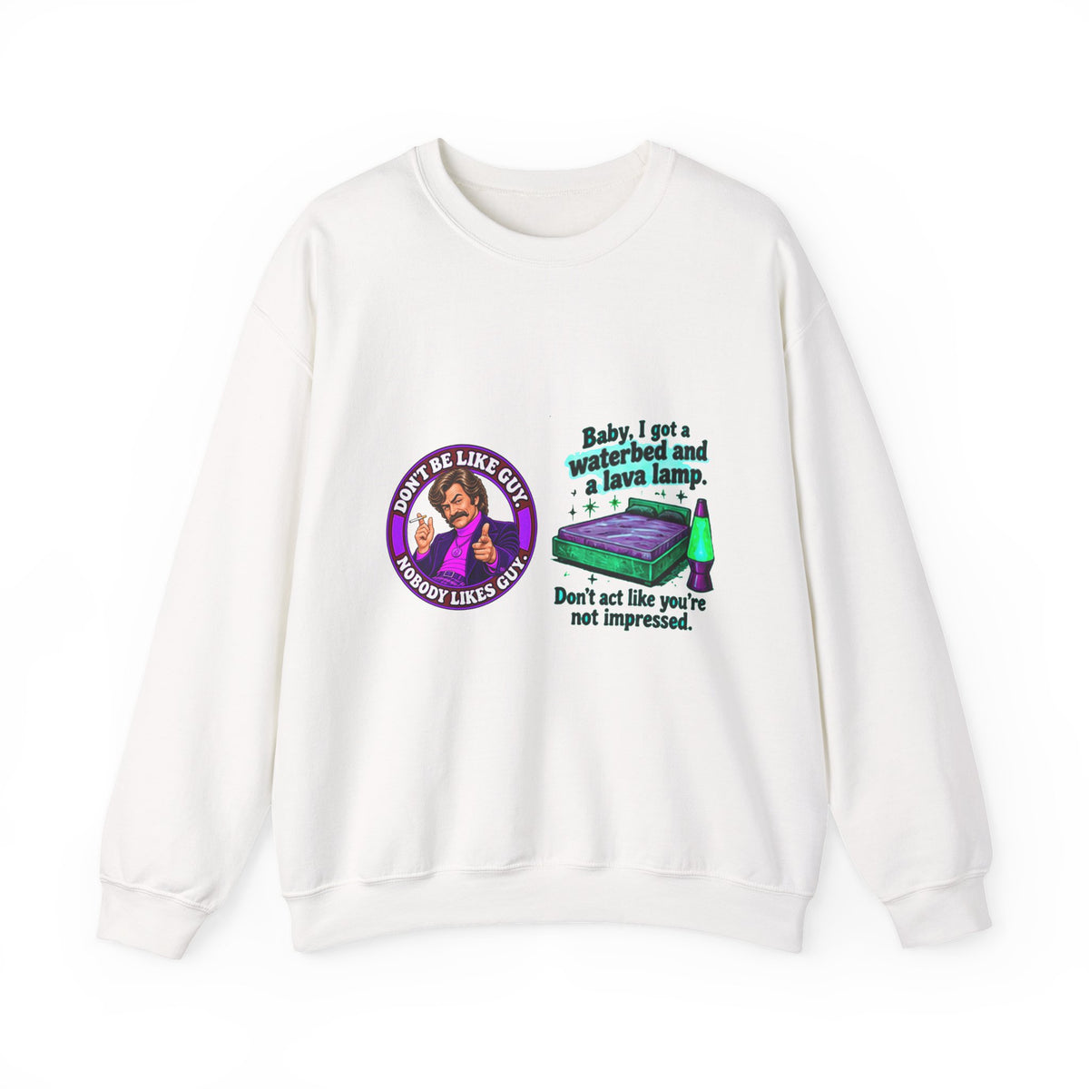 White crewneck sweatshirt with retro waterbed and lava lamp graphic