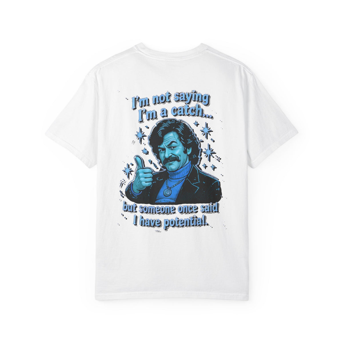 White t-shirt back with blue Guy cartoon and potential quote