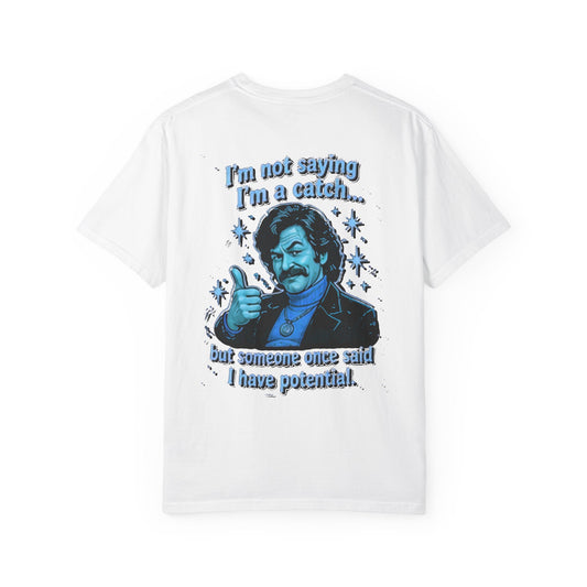White t-shirt back with blue Guy cartoon and potential quote