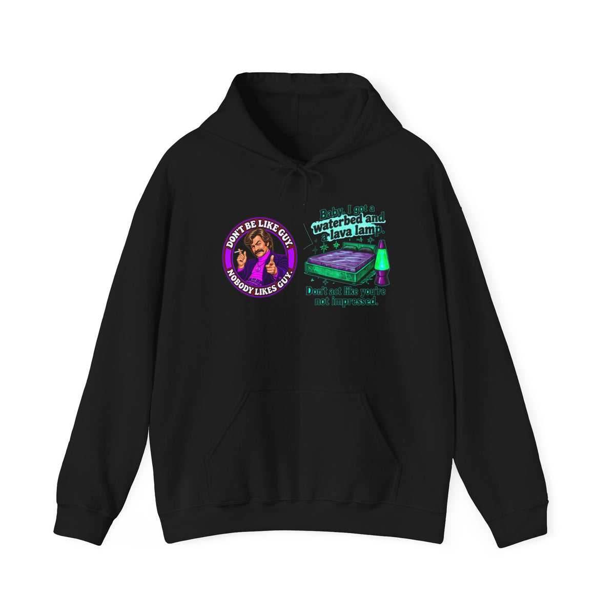 Black hoodie featuring vintage-style waterbed and lava lamp design and funny message