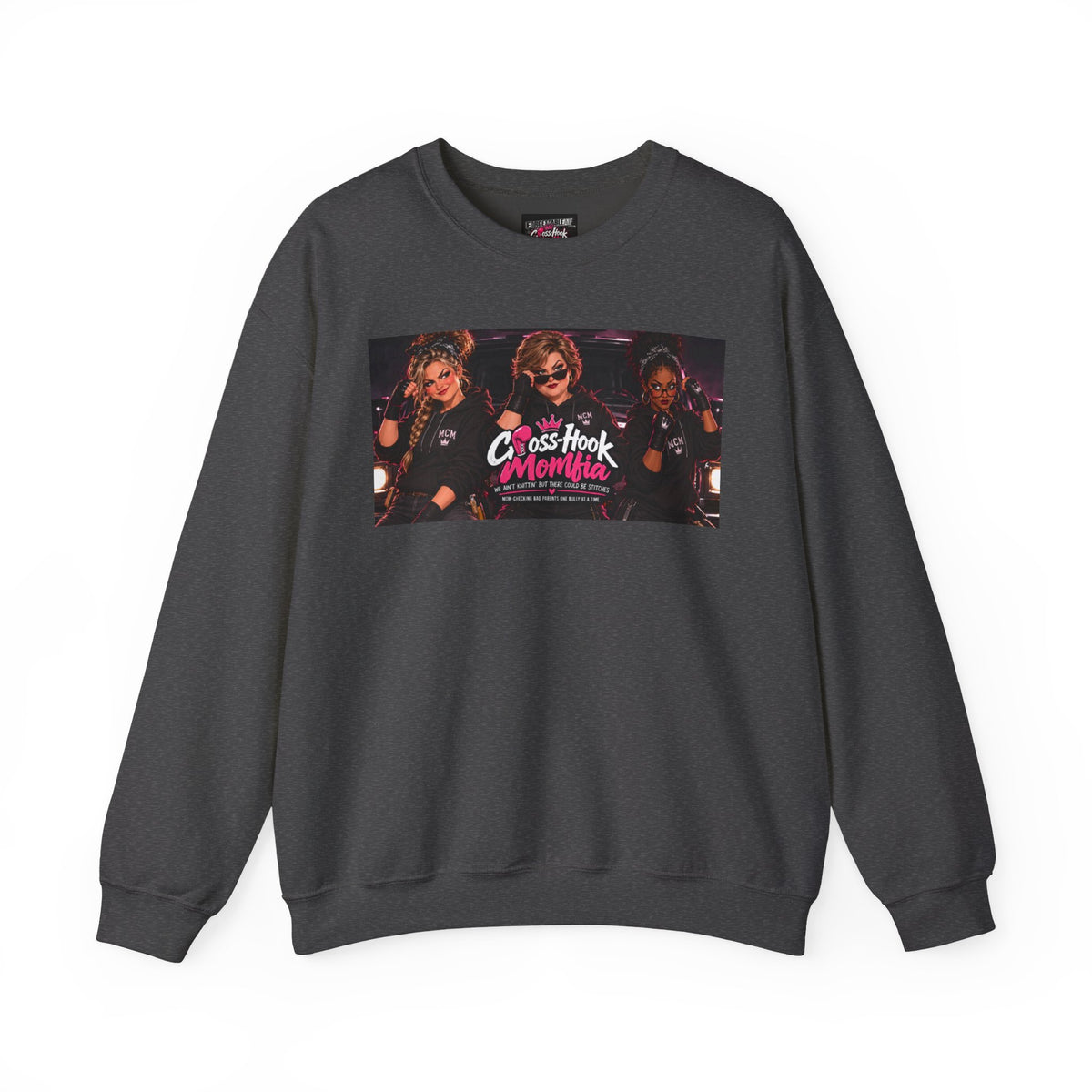 Charcoal gray crewneck sweatshirt with Cross-Hook Momfia retro graphic on front
